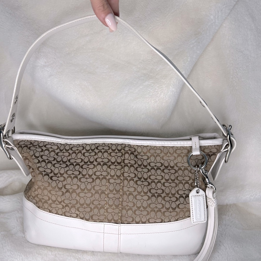 Coach F10418 White Khaki Tan Signature Leather Trim Shoulder Bag with Tassel